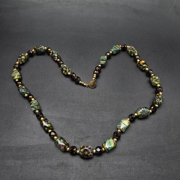 Vintage Teng Yue Green Millefiori Glass Beaded Necklace Floral - Picture 2 of 10